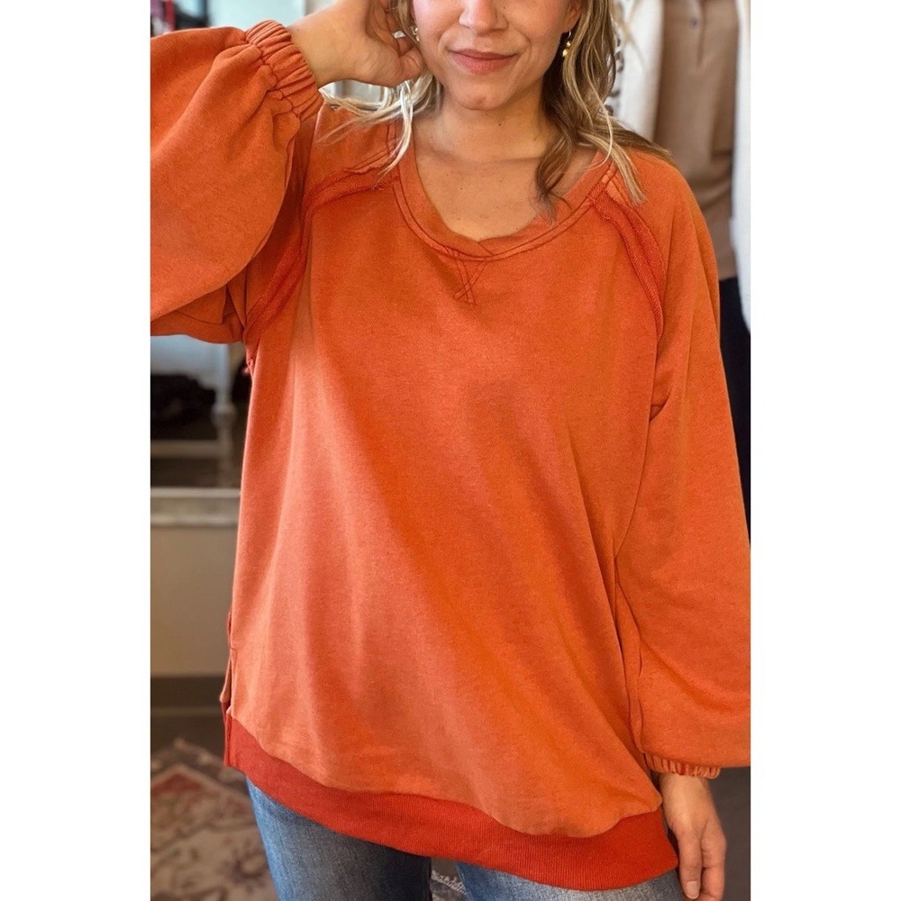 POL Rusted Orange Criss Cross Back Slouchy French Terry Pullover - Picture 2 of 12
